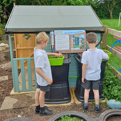 Water butts in schools are great to get children playing and learning about saving rainwater