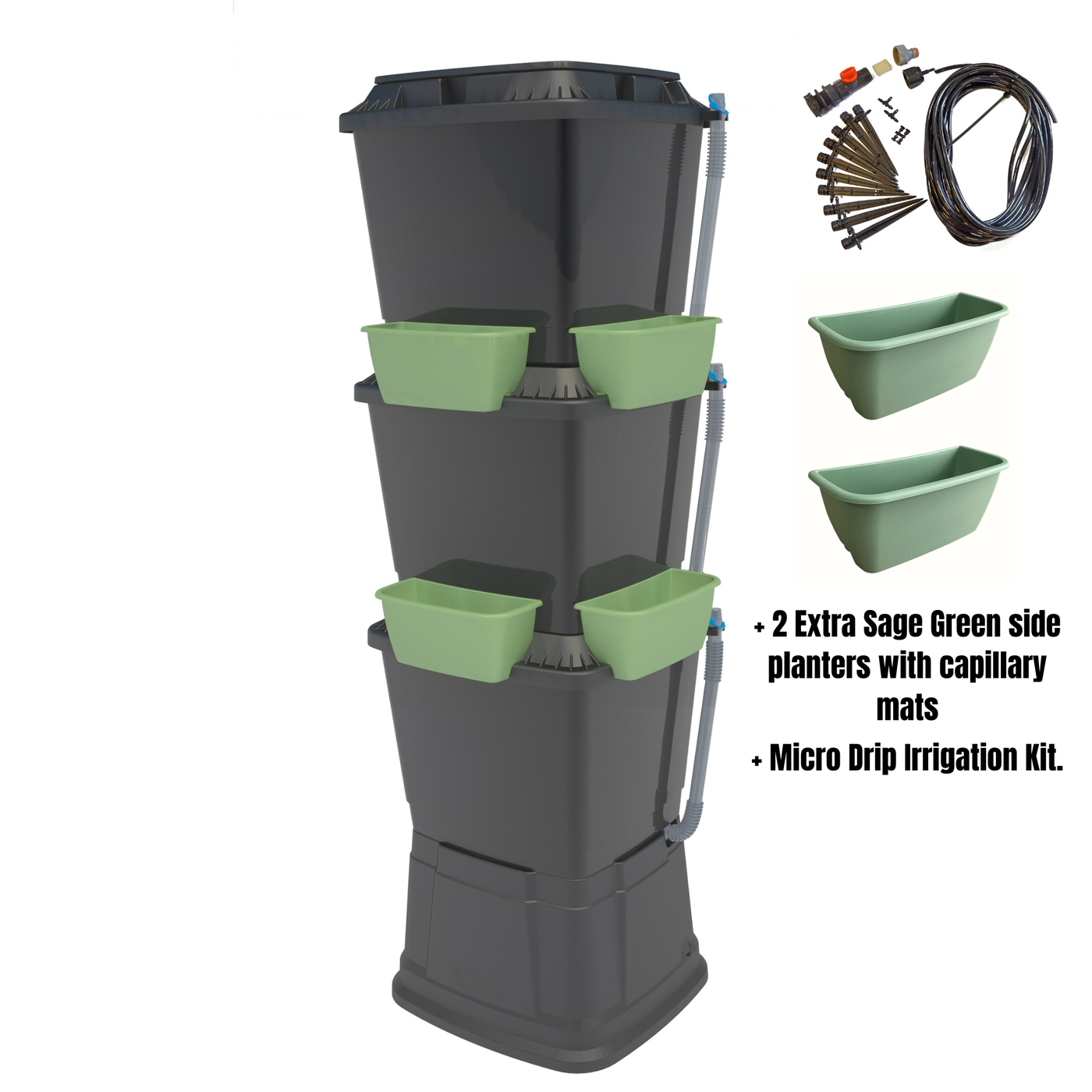 200 Litre 3 Tier Water Butt with Sage Green Planters and Drip Irrigation Kit- BLACK FRIDAY DAY 8