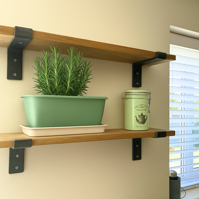 A rosemary plant growing in a green planter on a wooden floating shelf in a kitchen, next to a vintage biscuit tin and a window with white blinds